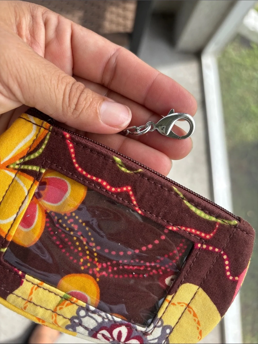 Vera Bradley Brown Floral Quilted Wristlet Keychain with Yellow Orange Accents - Picture 4 of 9